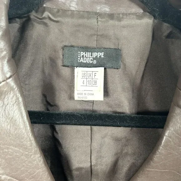 Philippe Adec Womens Button Notched Lapel Leather Jacket Brown Vintage Size 4 - Picture 2 of 7